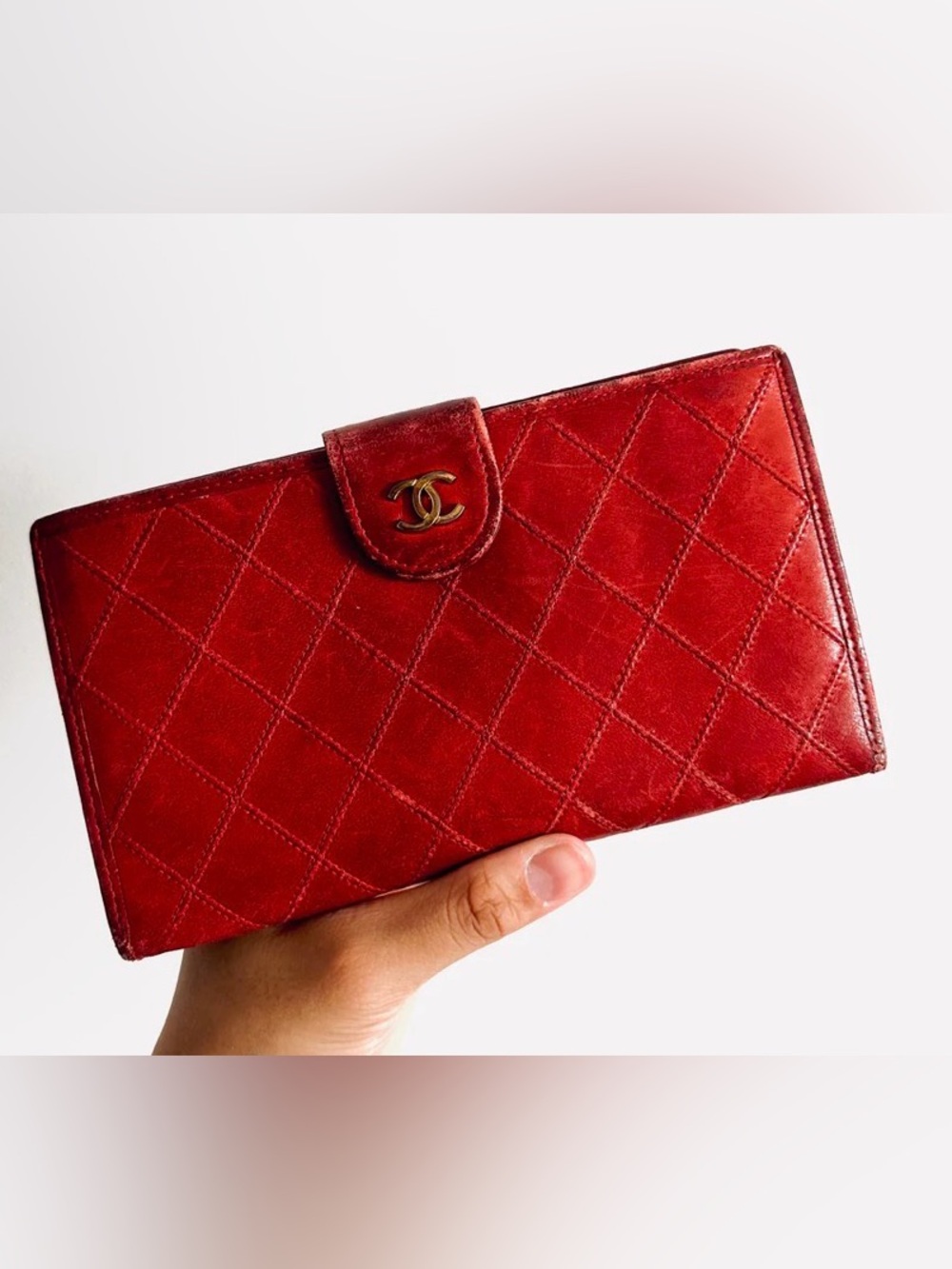 Chanel Red Quilted Lambskin Leather CC Logo Flap Bifold Long Wallet